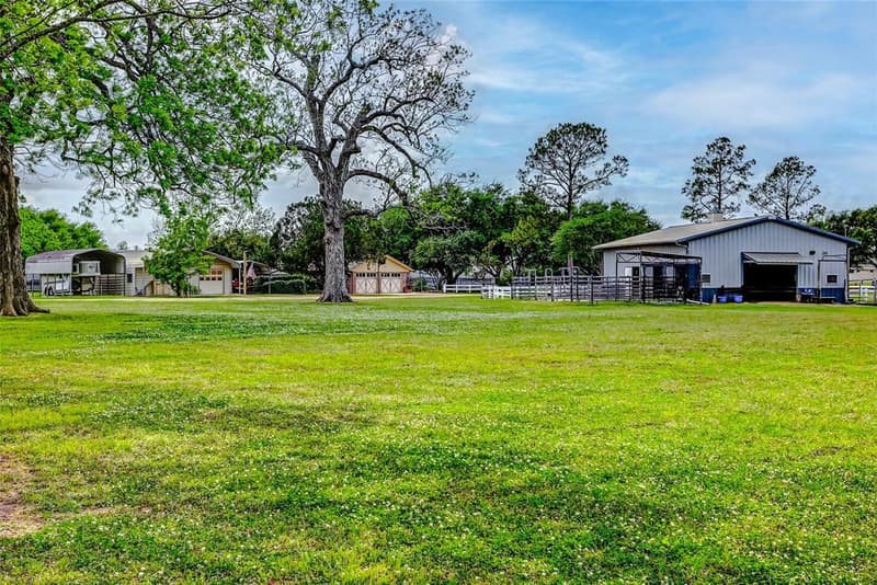 Wide green lawn with a large bare-limbed tree, the metal horse barn at right and carports and garages at left